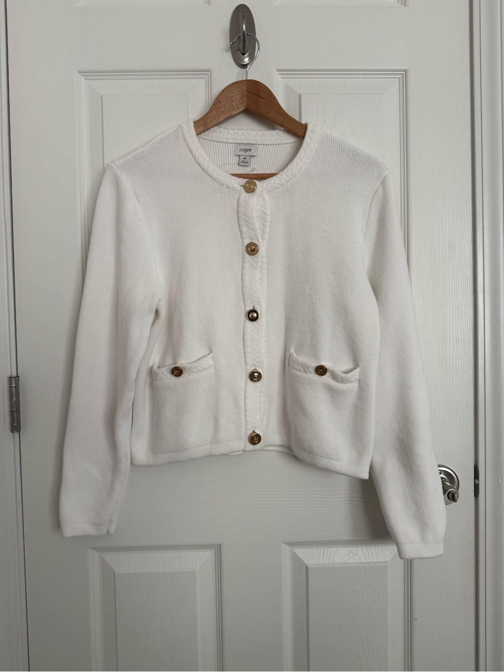 Women’s J. Crew Emilie White Sweater Button Down Jacket Gold Button Size M